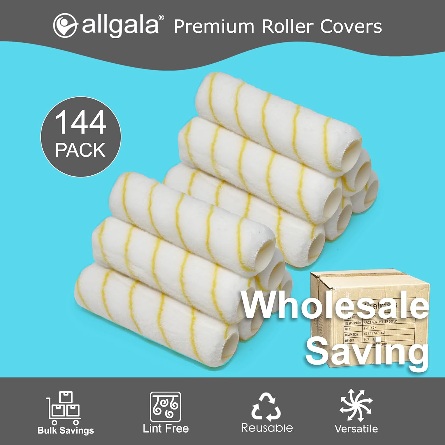 Allgala Paint Roller Covers, 144 Case Pack 9 Inch Shedless Lint Free Painter Roller Covers 1/2 in Roller Naps for Paint Roller Kit for House Painting and Professional Projects Allgala Paint Roller Covers, 144 Case Pack 9 Inch Shedless Lint Free Painter Roller Covers 1/2 in Roller Naps for Paint Roller Kit for House Painting and Professional Projects