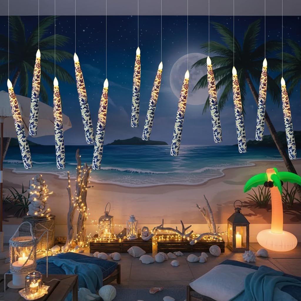 Blue and White Flameless Taper Candle 12 Pack Floral LED Magic Hanging Candle Battery Operated Floating Candles Floating Candles with Wand Remote Timer for Mother's Day Home Wedding Garden Party Decor