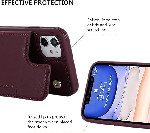 Miniatura 6 de iCoverCase Funda protectora de piel sintética compatible con iPhone 11 con tarjetero y cartera para mujeres y hombres, con bloqueo RFID (color rojo