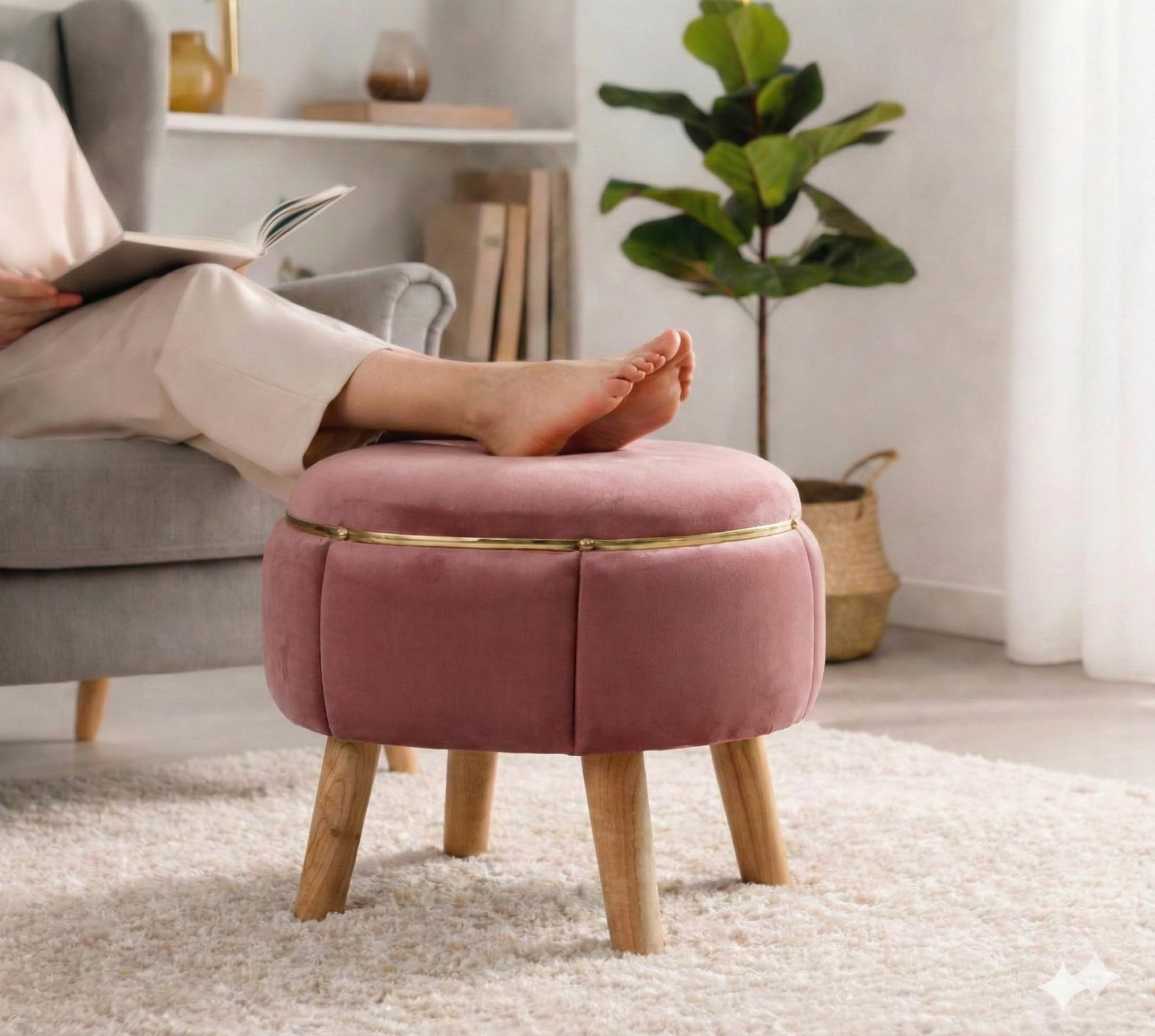 Velvet Upholstered Round Ottoman Footstool | Anti-Slip Feet | Multipurpose Footrest, Step Stool & Vanity Seating & Décor | 40 x 30 cm (16 x 12 Inch) | Gajri-image-38