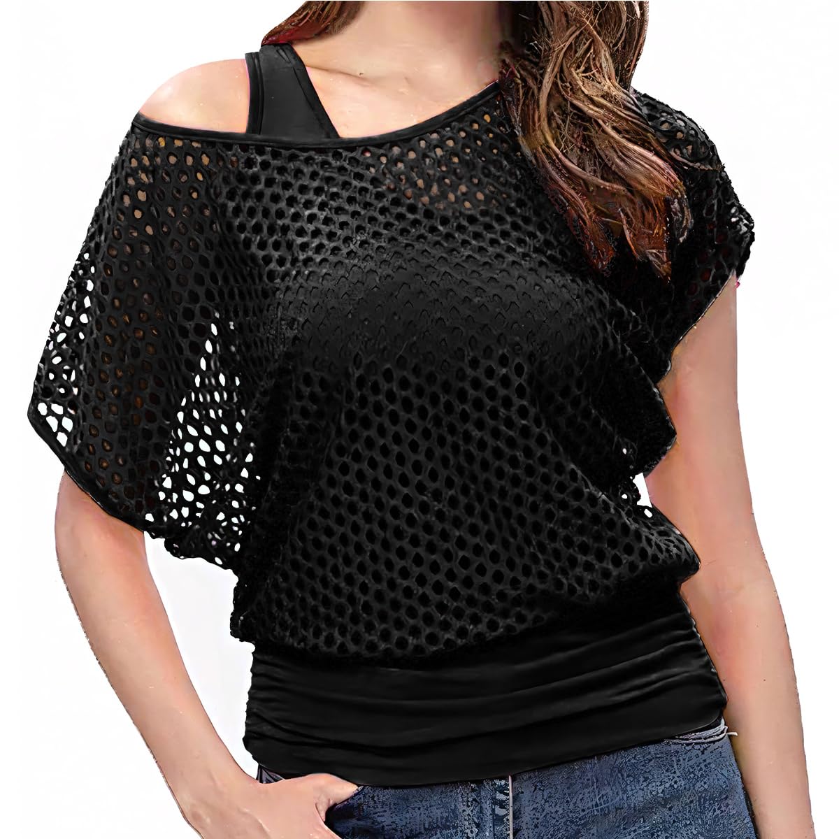 80s Fancy Fishnet Top for Women, Tank Top Off the Shoulder T-shirt 1980s Retro Theme Party Costume Accessories Cosplay