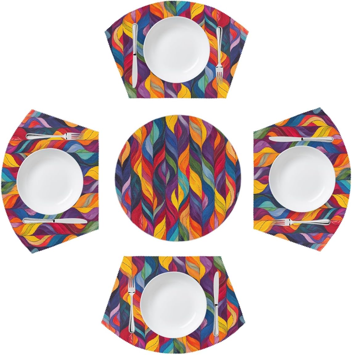 Colorful Striped Leaves Wedge Placemats Set of 4 4 Wedge Table mats and 1 Round Place mat Heat Resistant Non-Slip Wipeable Washable Dining Table for Kitchen Patio Party Decor Cloth Placemat