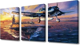 USS Lexington (cv-16) Ww2 Aircraft 3 Panels Canvas Wall Decor Artwork American Home Wall Decor Posters Print Picture Home Decor Artwork Framed Gallery Wrapped Stretched Ready to Hang 42" Wx20 H