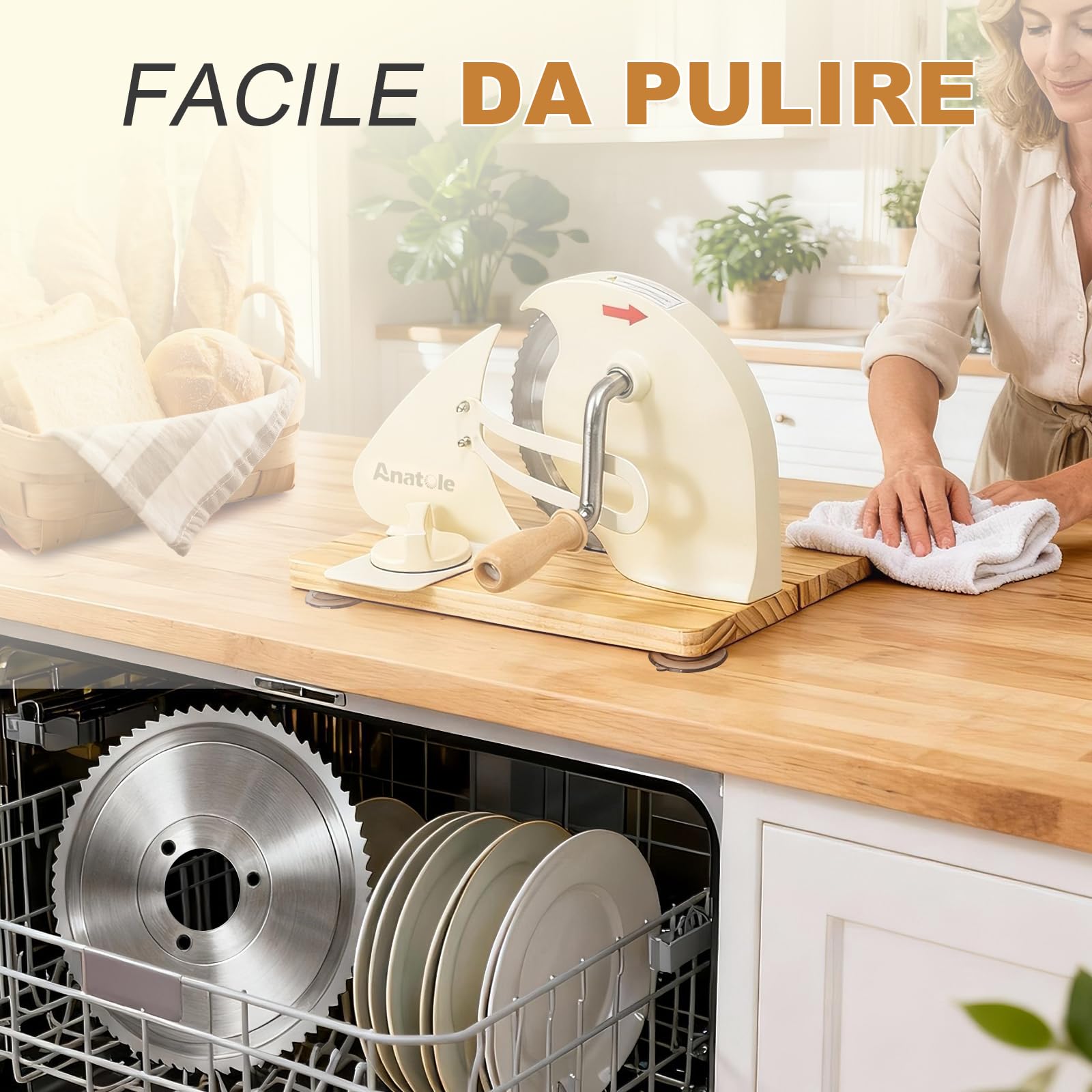 Anatole Affettatrice per Pane Manuale Pieghevole Acciaio Inox 0-20mm | Taglia Pane a Fette Professionale Piccola, 6 Ventose, Base&Manovella in Legno, Guida Metallica Rimovibile, per Toast Baguette