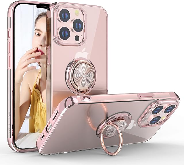 Case for iPhone 13 Pro Max, Clear Body Soft TPU Shockproof Case with 360 Degree Rotation Ring Kickstand(Work with Magnetic Car Mount) for iPhone 13 Pro Max 6.7 inch (Rose Gold)