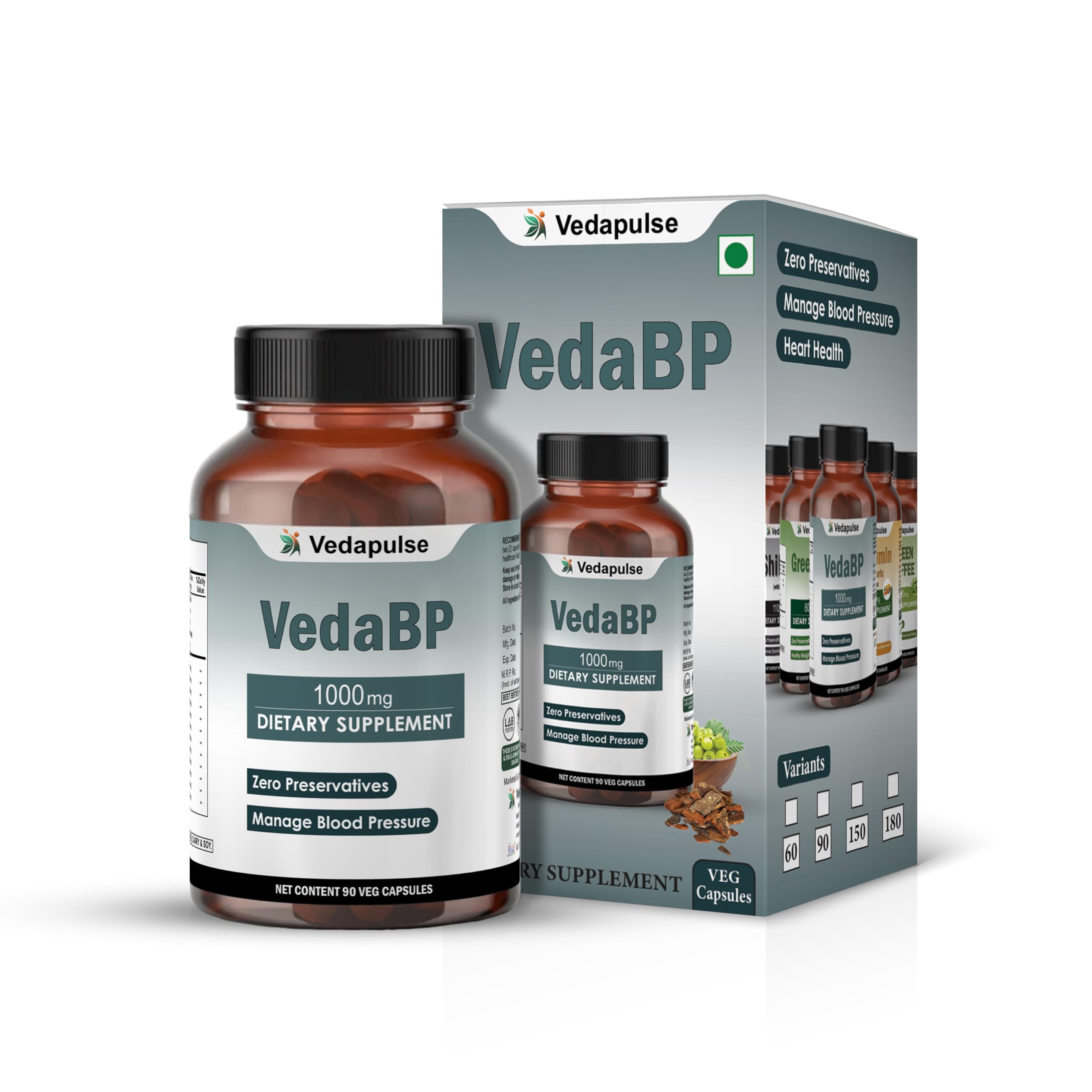 Vedapulse VedaBP - Ayurvedic Blood Pressure Support | 1000mg Blend with Arjuna, Sarpagandha, Ashwagandha, Garlic & More | 90 Veg Capsules