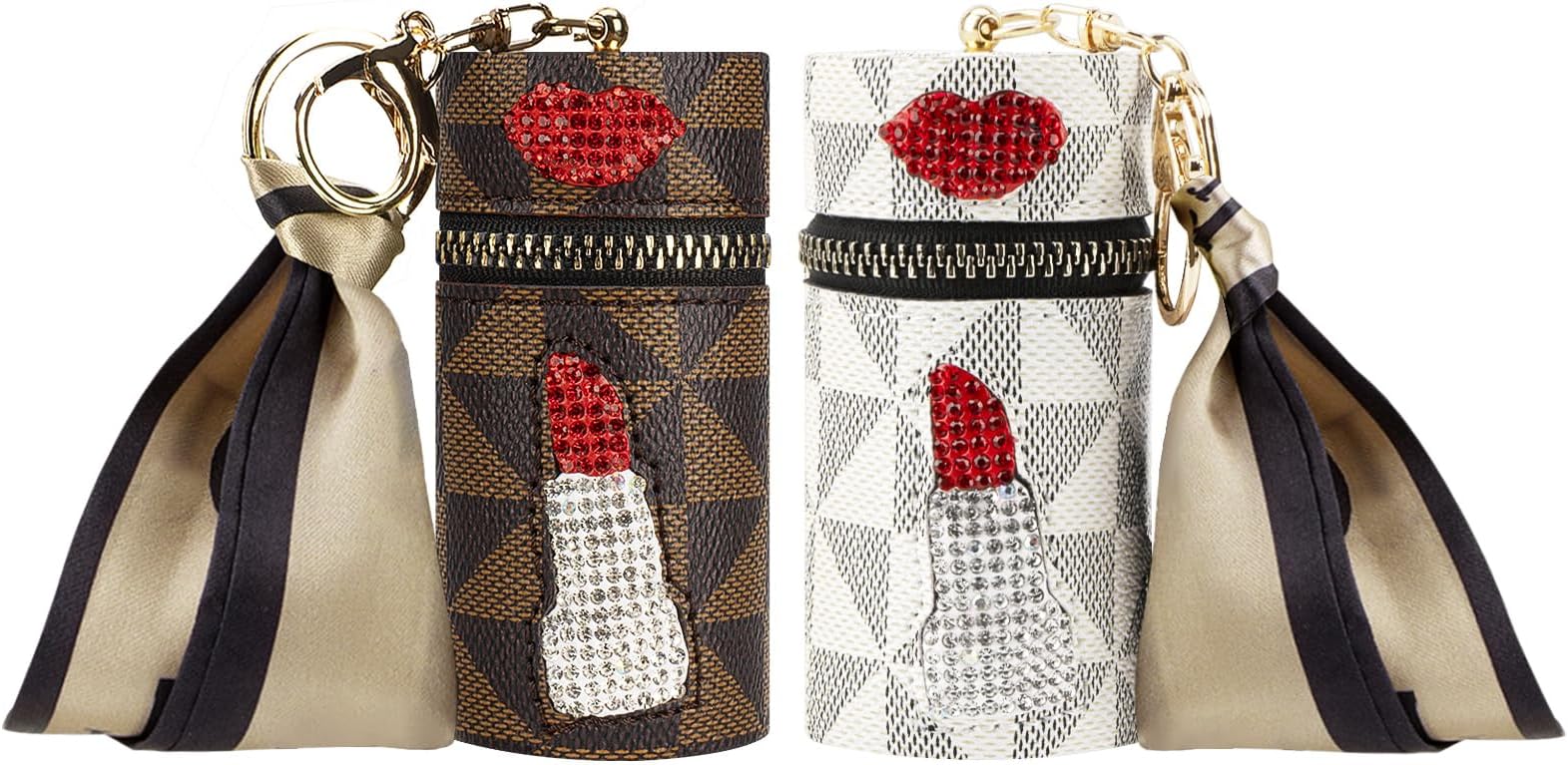 Adorila 2 Pack Lipstick Travel Case, Leather Diamond Lip Gloss Bag with Keychain, Lipstick Organizer for Purse Perfume Fingernail Polish (Brown, White)