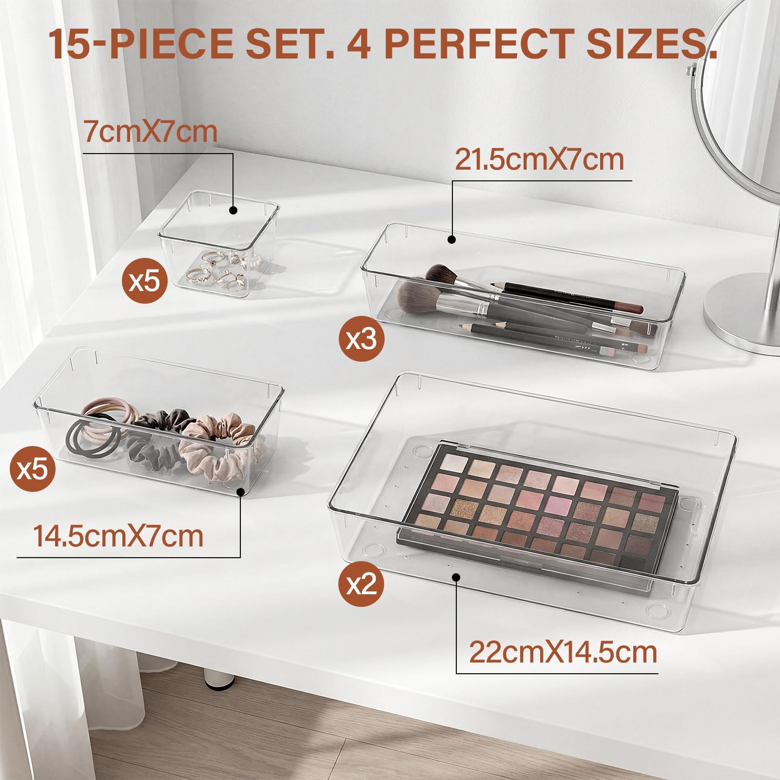 Hymony Organizadores de Cajones 15 Piezas con 4 Tamaños, Organizador de Maquillaje para Tocador, Cajas Transparentes para Escritorio y Baño — view 7