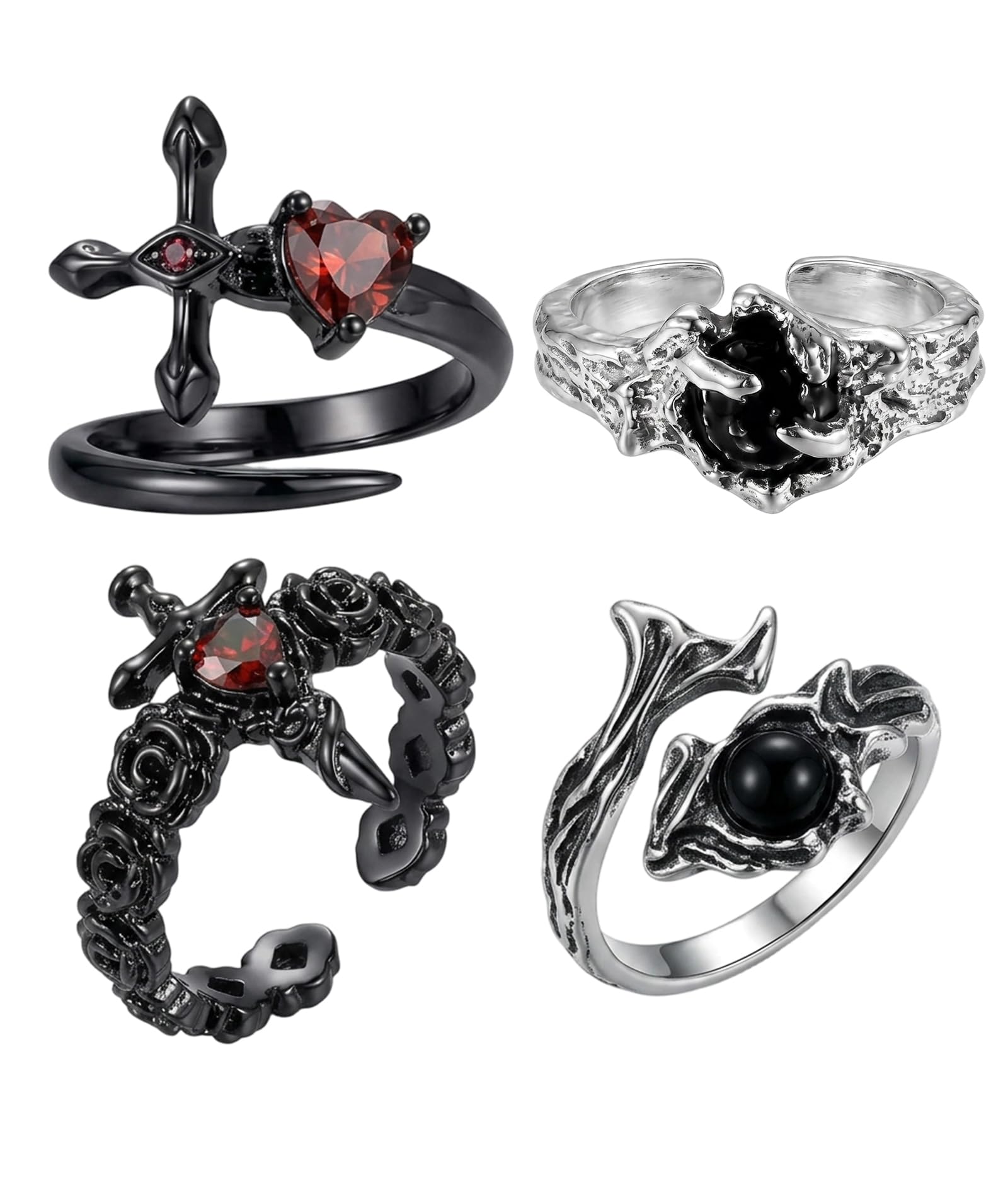 figurine 4 Pcs Gothic Rings, Dark Aesthetic Jewellery for Men and Women, Ideal for Goth Fashion Styling and Music Events, Featuring Black Rose Cross Design and Twisted Cross Patterns-picture-13