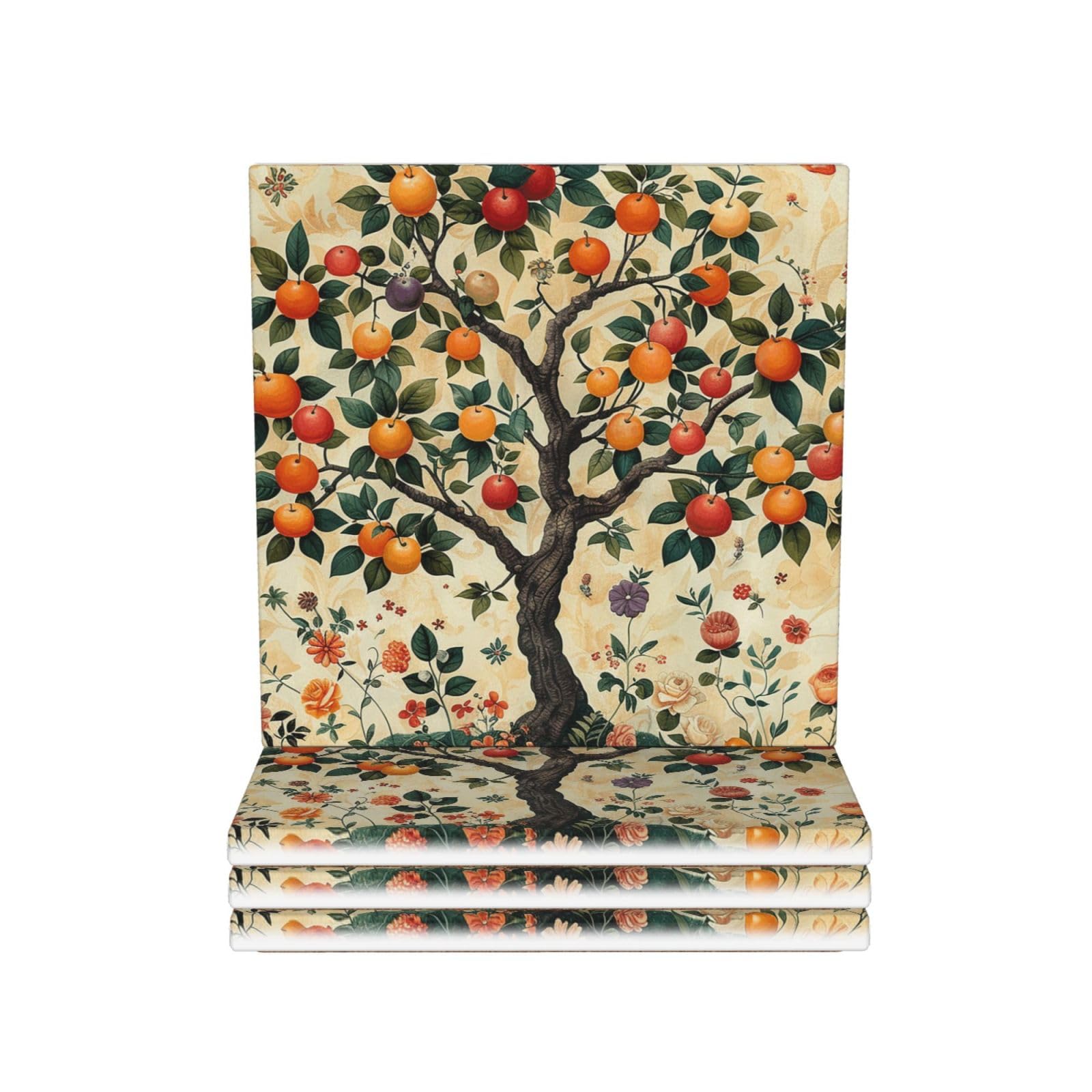Drink Coasters Set of 4 Ceramic Coaster Plants and Fruits Coasters for Drinks Cups Mugs Mat Pads Absorbent Non-Slip Decorative Cup Coaster for Coffee Table Kitchen Bar Home Decor