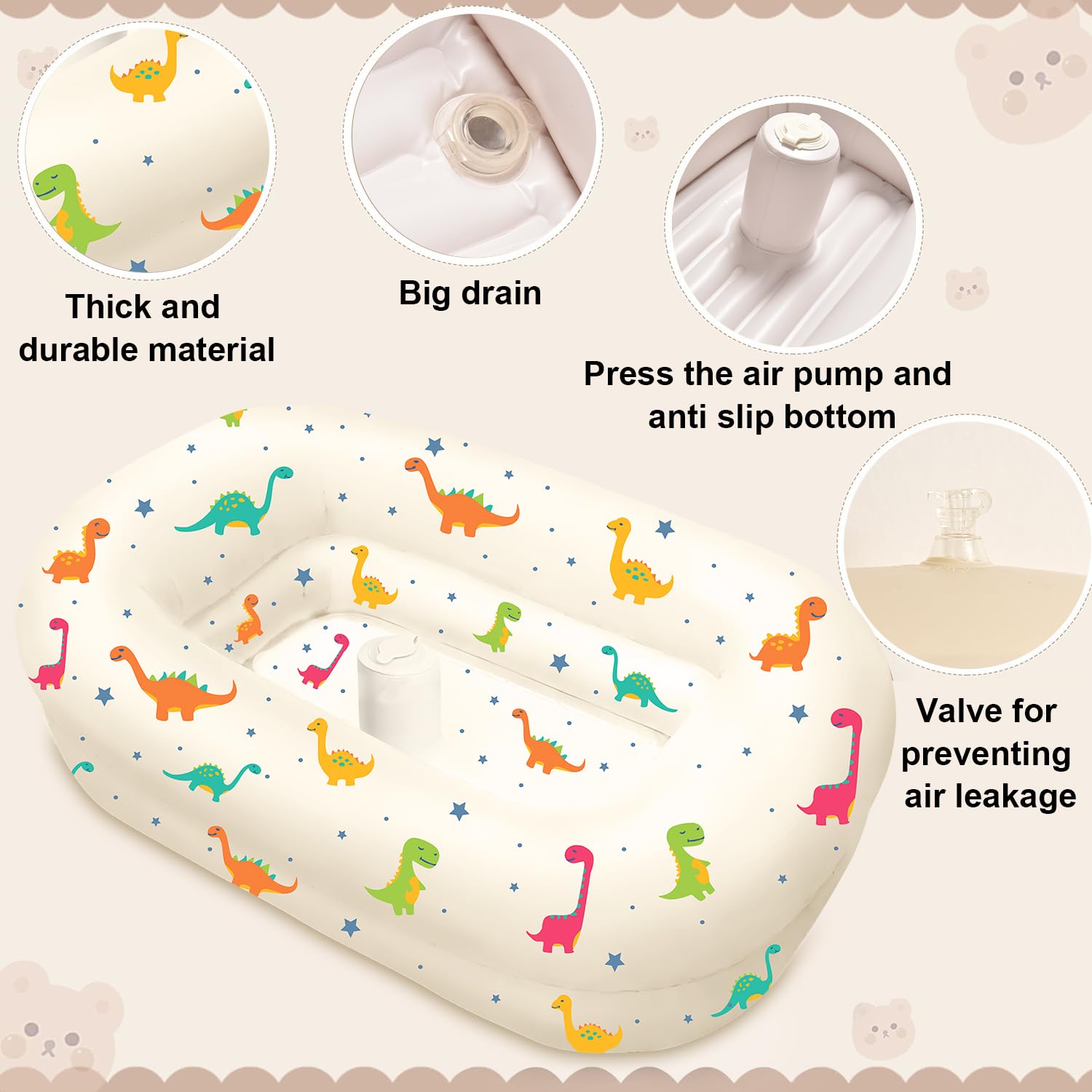 Inflatable Baby Bathtub with Built-in Air Pump, Back Support, Portable Travel Baby Bath Tub, Deflates and Folds Easily, Newborn to Toddler 3-20 Months (Dinosaurs)