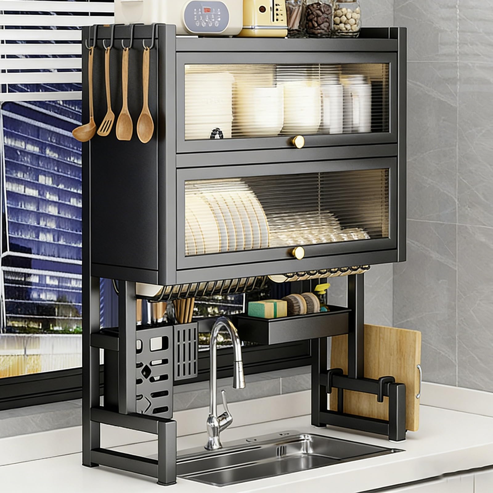 THNSAWX Over Sink Dish Drying Rack with Acrylic Door, Metal Dish Drainer Rack, Multifunctional Kitchen Counter Organizers Shelf, for Plates, Bowls, Cutlery(Black 2 Tier,85cm/33.4in)