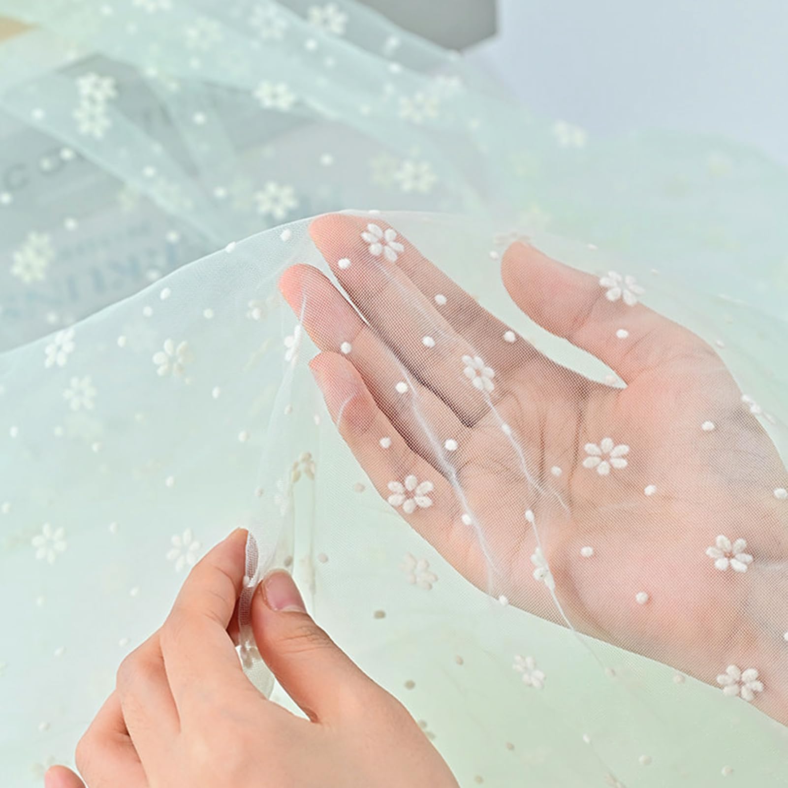 Dxcaicc Tulle 6-Petal Design Snowflake Mesh Fabric 1.6X0.5M Flocked Plum Blossom Floral Pattern Flowers Cloth Ideal for Mosquito Nets,Sage Green
