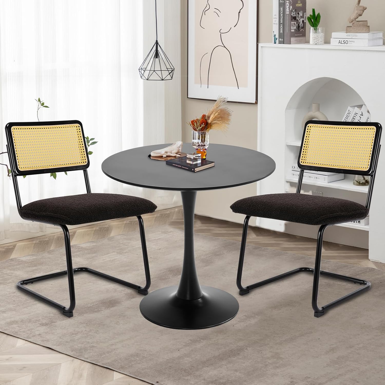Tulip Round Dining Table 31.5" Black Round Kitchen Dining Table for 2-4 People, with 0.7" MDF Tables Top and Metal Pedestal Base Dinner Tables for Cafe, Home, Dining Room