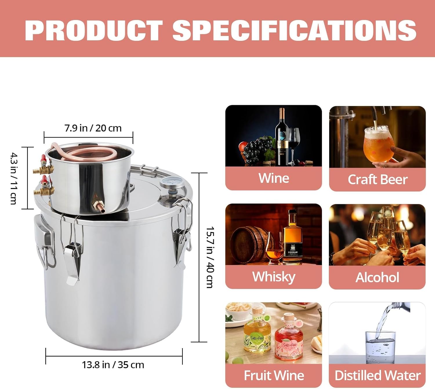 2 Pots 10 Gal/38L Alcohol Still Kit Complete with Thermometer, Water Pump & Copper Condenser, Stainless Steel Alcohol Distiller Home Brewing Kit for Whisky, Brandy, Essential Oil