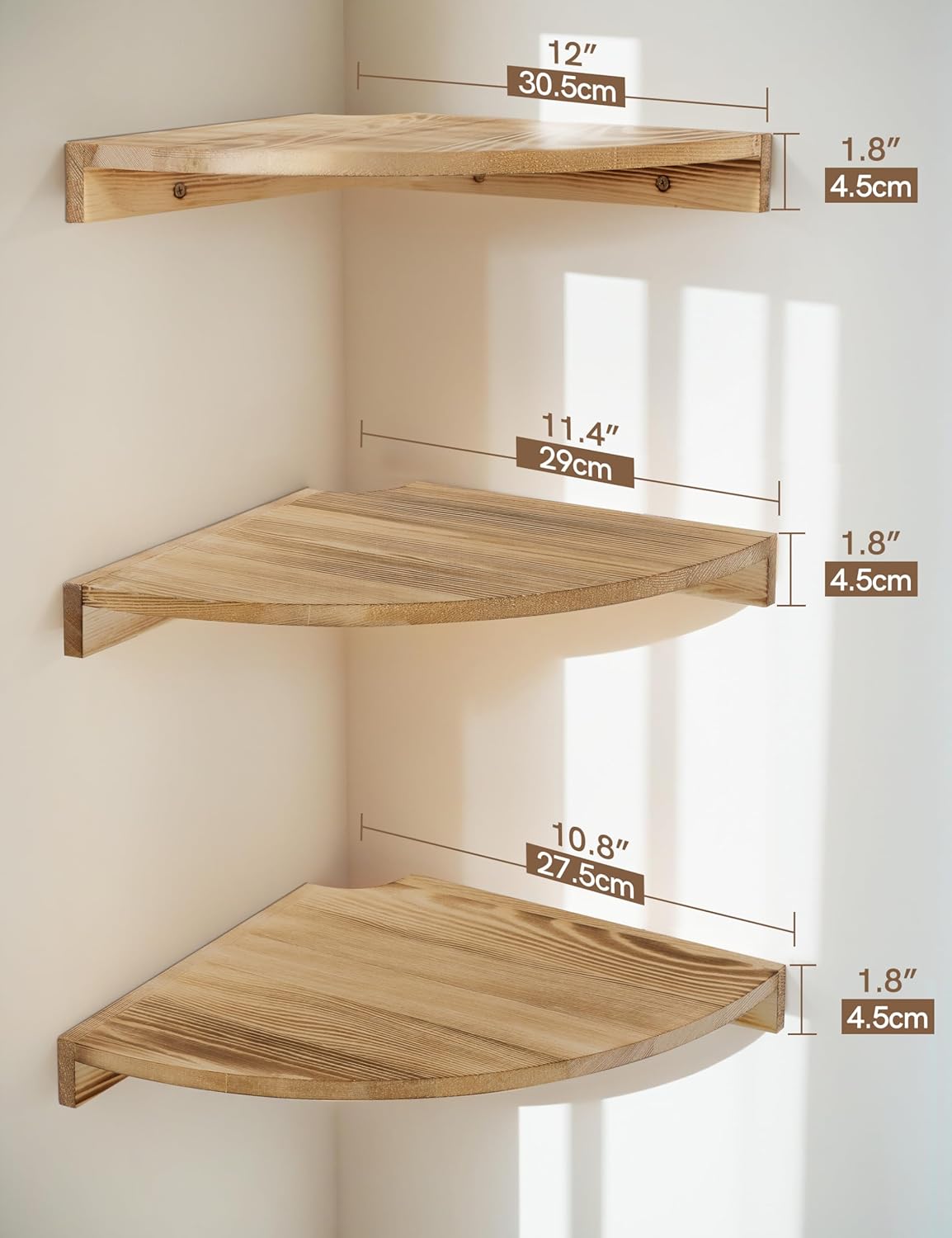 Corner Shelves Wall Mount, Farmhouse Rustic Corner Floating Shelf with Cord Hole, Wooden Storage Organizer Corner Wall Shelves for Kitchen Living Room Bedroom Laundry Office, 12x12 Inch