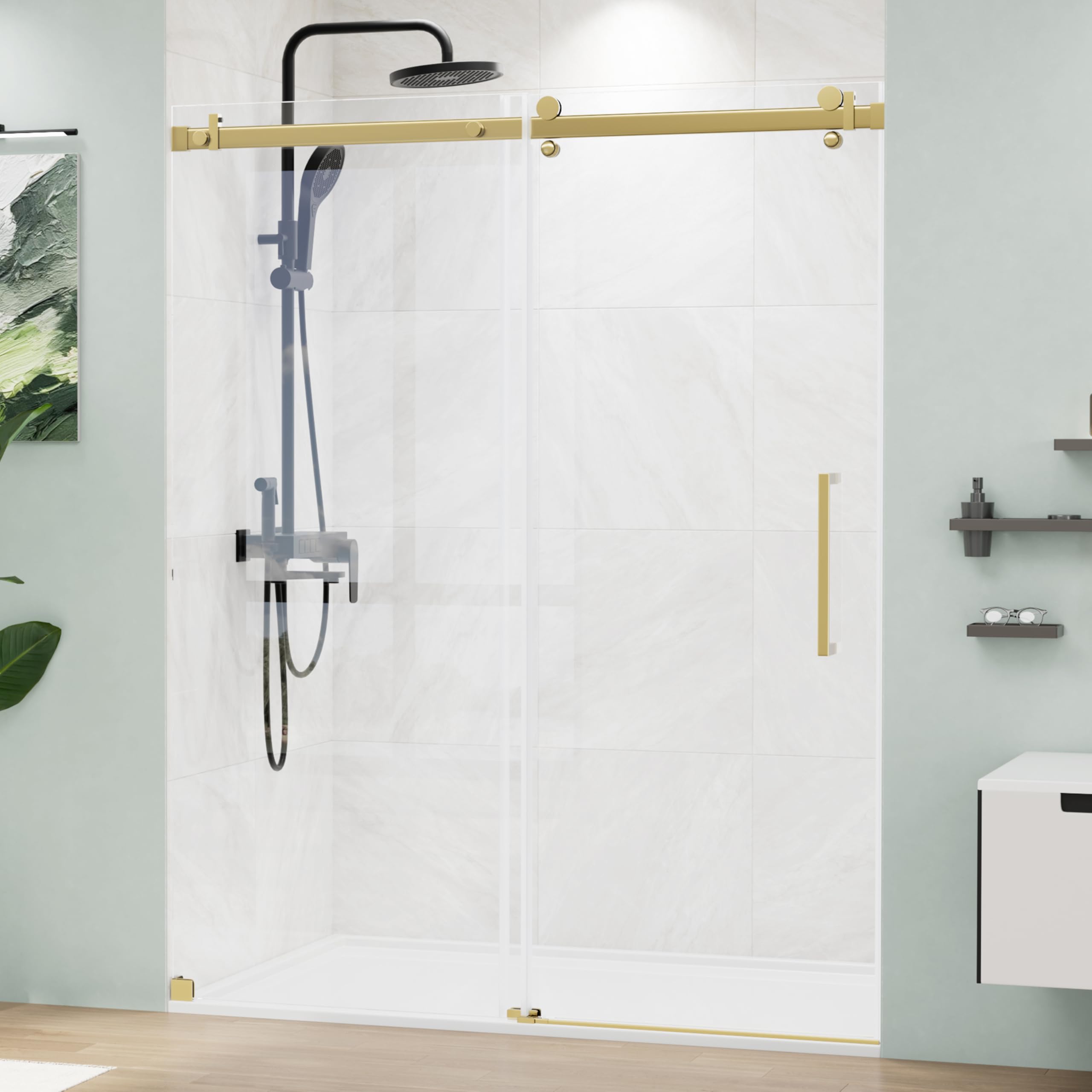 View 1 of *MISSING PARTS**
MORDEER 56-60" W x 75" H Frameless Sliding Shower Door, Clear SGCC Tempered Glass Shower Door Easy Cleaning, Gold Shower Door Designed for Smooth Silding, Easy Installation for Bathroom