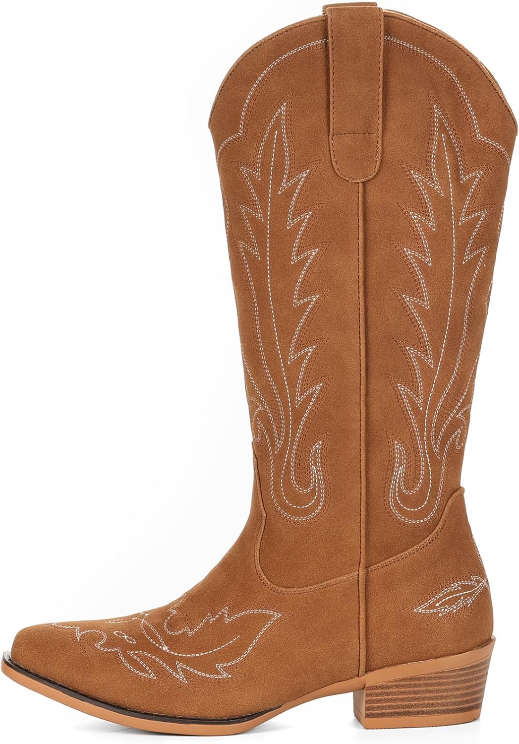 Cowboy Boots for Women Suede Split Leather Mid Calf Cowgirl Western Boots Classic Embroidered Retro Snip Toe Chunky Heel Pull On