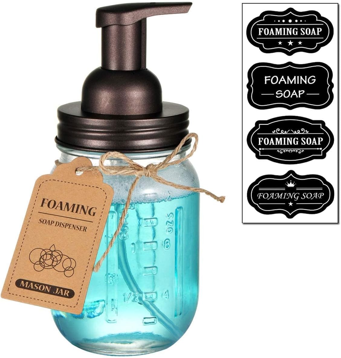 SheeChung Mason Jar Foaming Soap Dispenser-Rustproof Stainless Steel Lid & Foaming Soap Pump, Refill Foam Hand Soap Dispenser Glass for Bathroom Kitchen Vanities, Countertops-Bronze (1 pk)