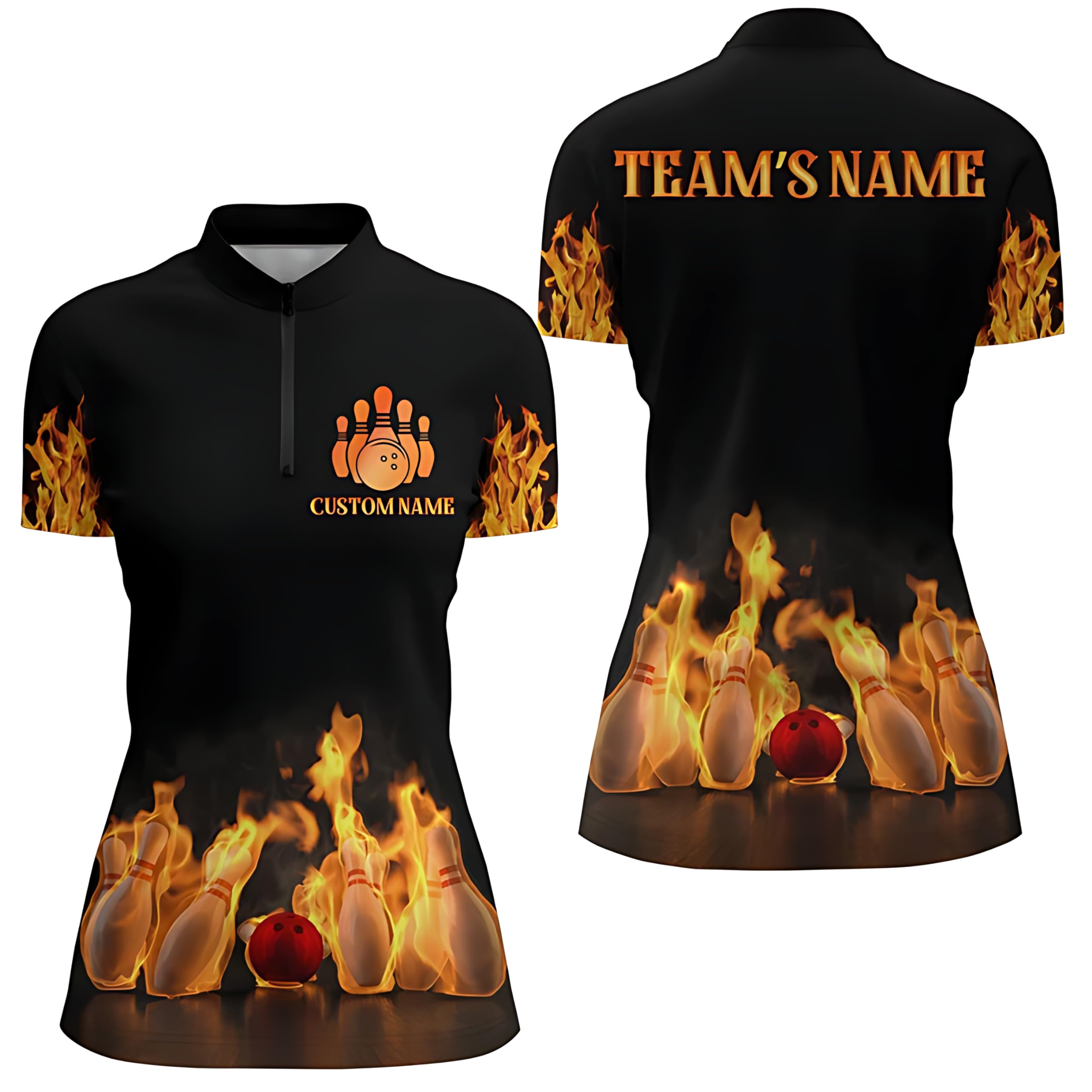 Personalized Bowling Shirt for Women - Fire Design with Name - League Women's Quarter-Zip Shirt N174 Black, Purple