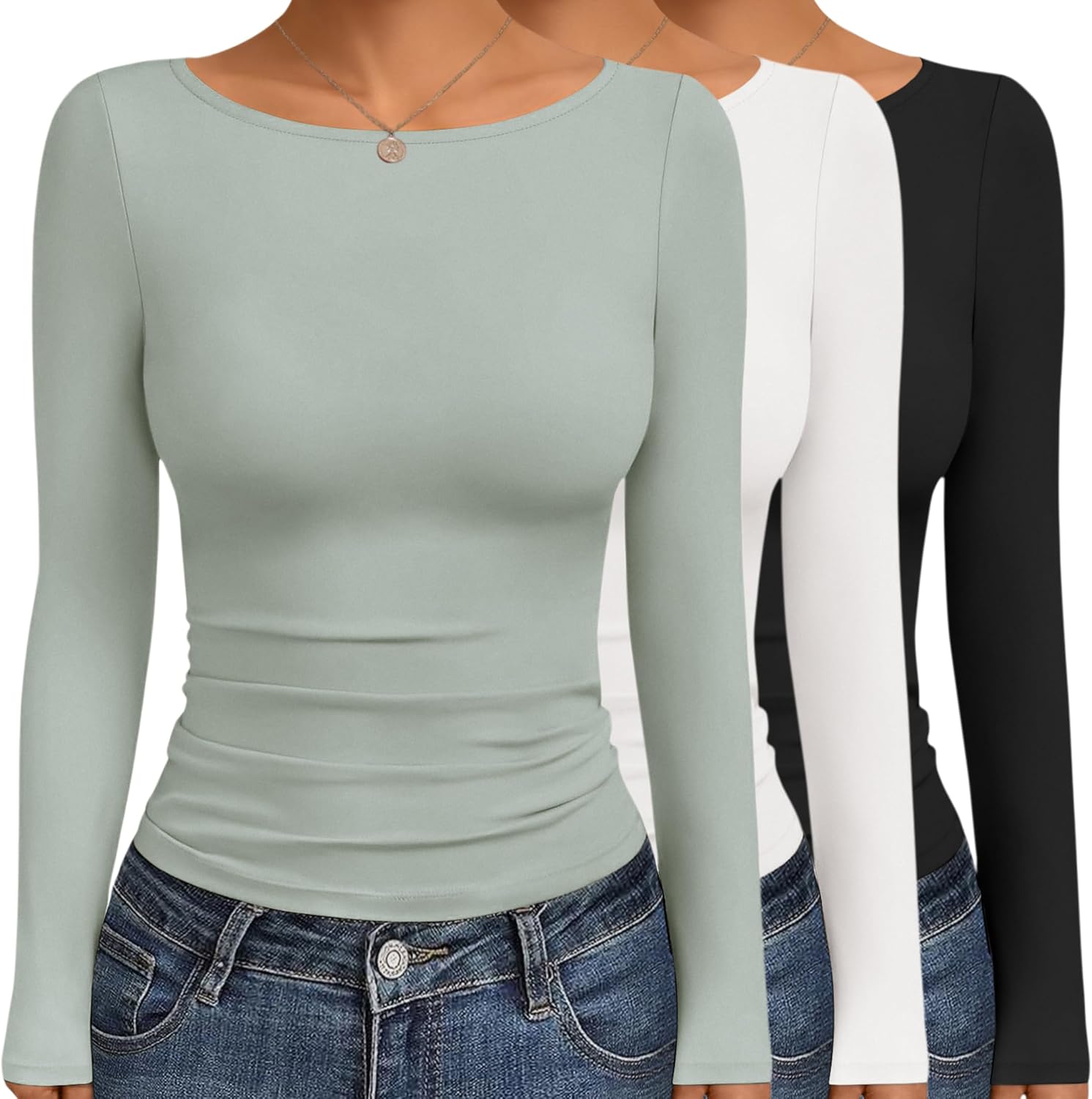 Ekouaer Women's Boat Neck Tops 3 Packs Long Sleeve Shirts Ruched Fall Fashion 2025 Outfits Basic Thermal Underscrubs