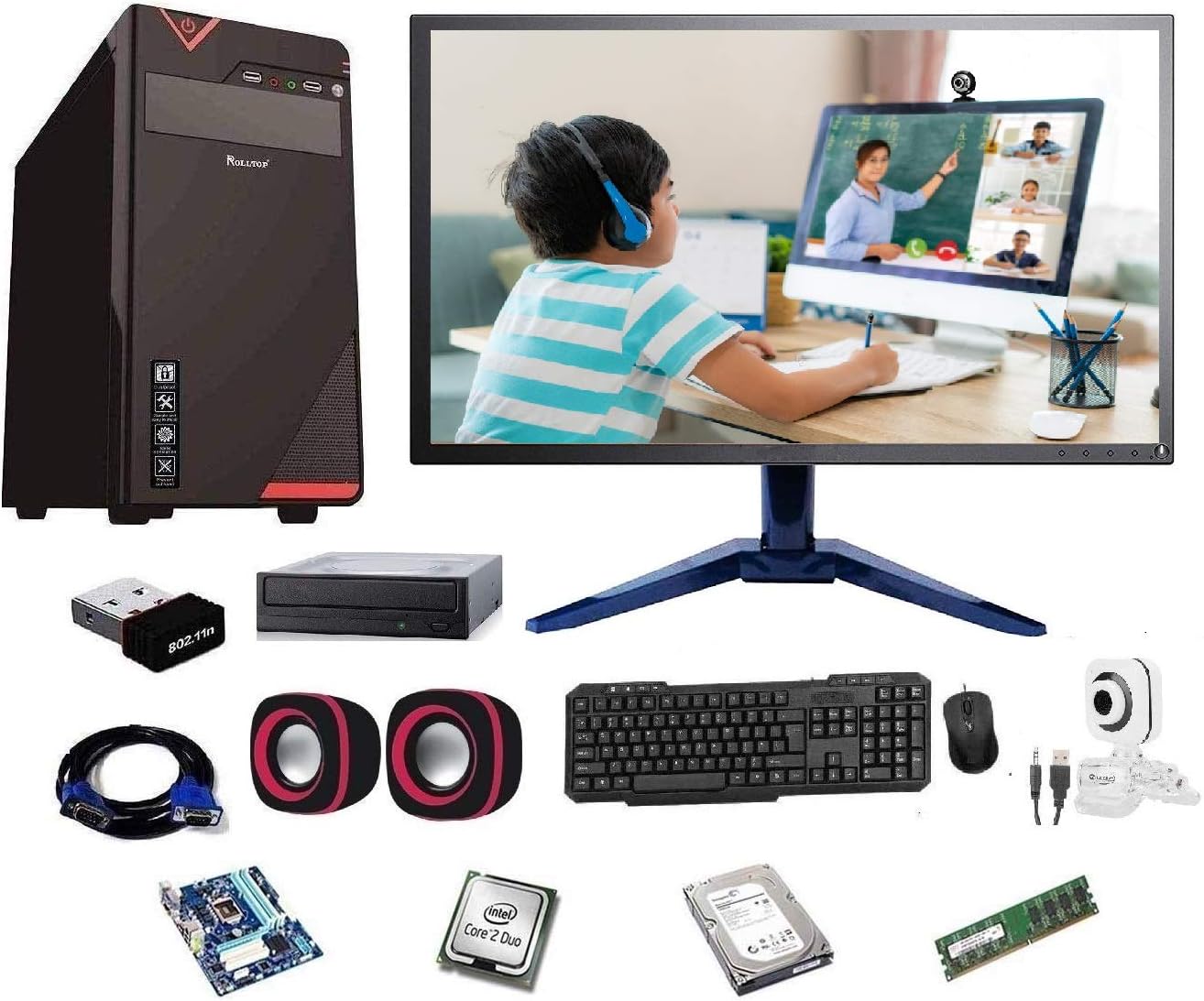Rolltop® Assembled Desktop Computer,Intel Core 2 Duo 3.0 GHZ Processor,G 41 Motherboard, 17" LED Monitor,4GB RAM, DVD,Windows 7 & Office Trial Version with Web Camera Mic Speaker 500 GB