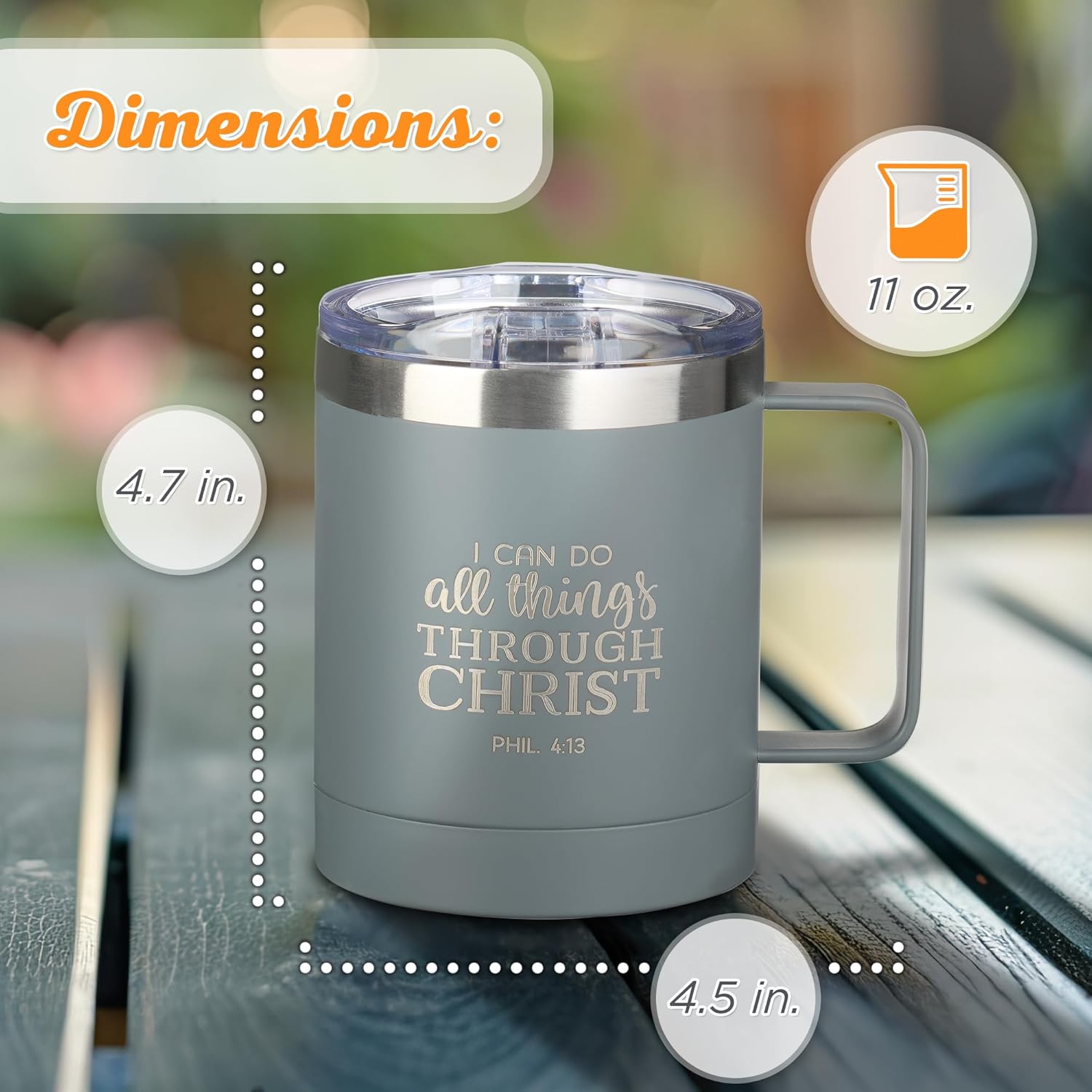 Christian Art Gifts Stainless Steel Double Wall Vacuum Insulated Camp Style Travel Mug 11 oz Gray Coffee Mug with Lid and Handle for Men and Women - All Through Christ -Philippians 4:13 - Image 3