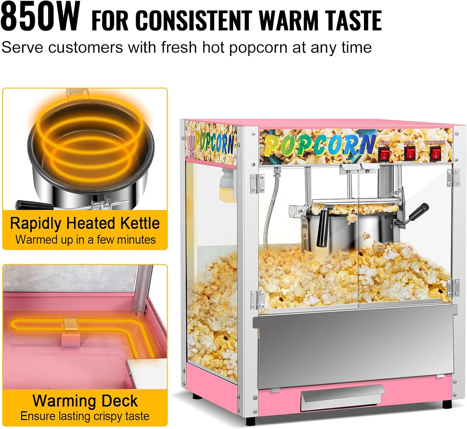 Popcorn Machine, Commercial Popcorn Popper Machine with 8Oz Kettle Makes up to 48 Cups, Countertop Popcorn Maker Movie Theater Style with 3 Switch Controls, Pink