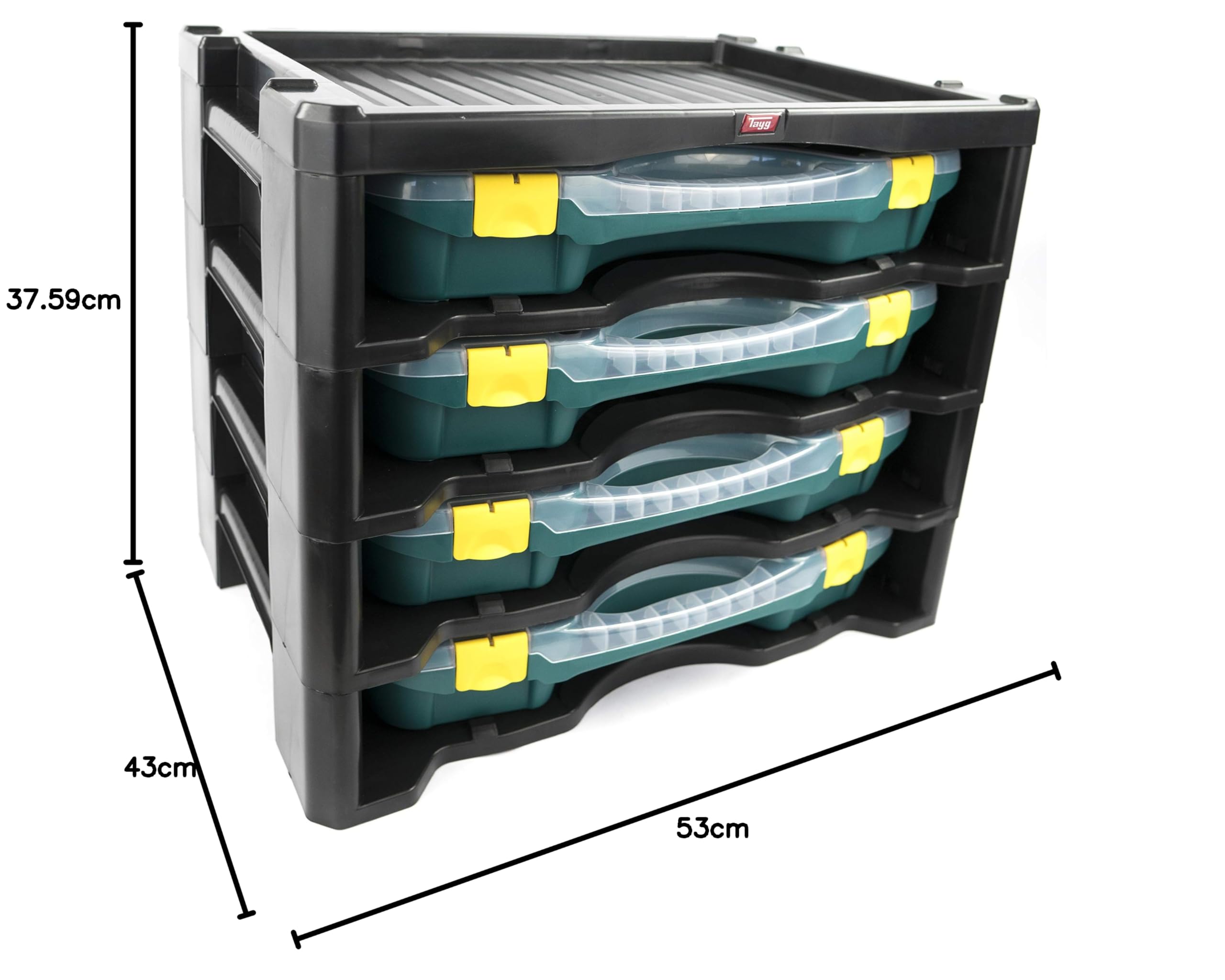 TAYG Multibox N° 3 (w zestawie 4 pudełka na małe części nr 24, system przechowywania małych części, pudełko można układać w stos, na narzędzia, wymiary 530 x 376 x 430 mm) 484962