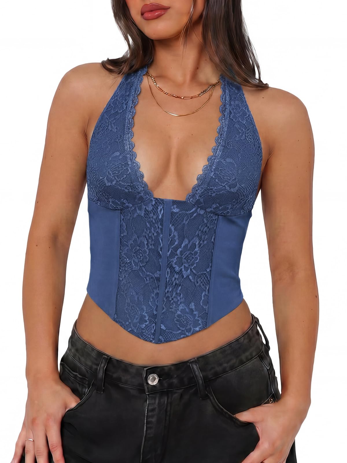 uncooyee Sexy Lace Tank Top for Women Halter Sleeveless Backless Y2K Trendy Corset Going Out Crop Top-picture-37