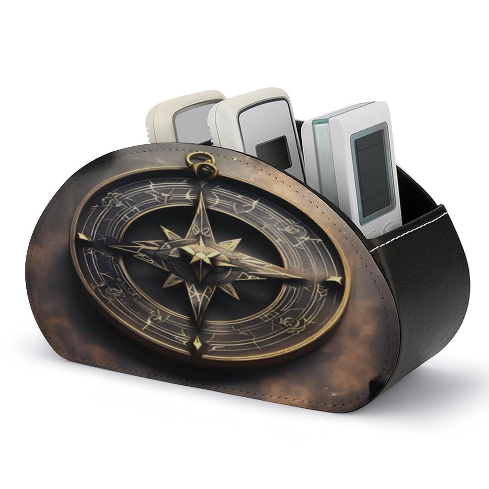 VstaDank Magical Design Norse Runes Compass Remote Control Holder with 5 Compartments PU Leather TV Remoter Caddy Desktop Organizer TV Remote Holder Remote Box for Media Controllers Office Supplies