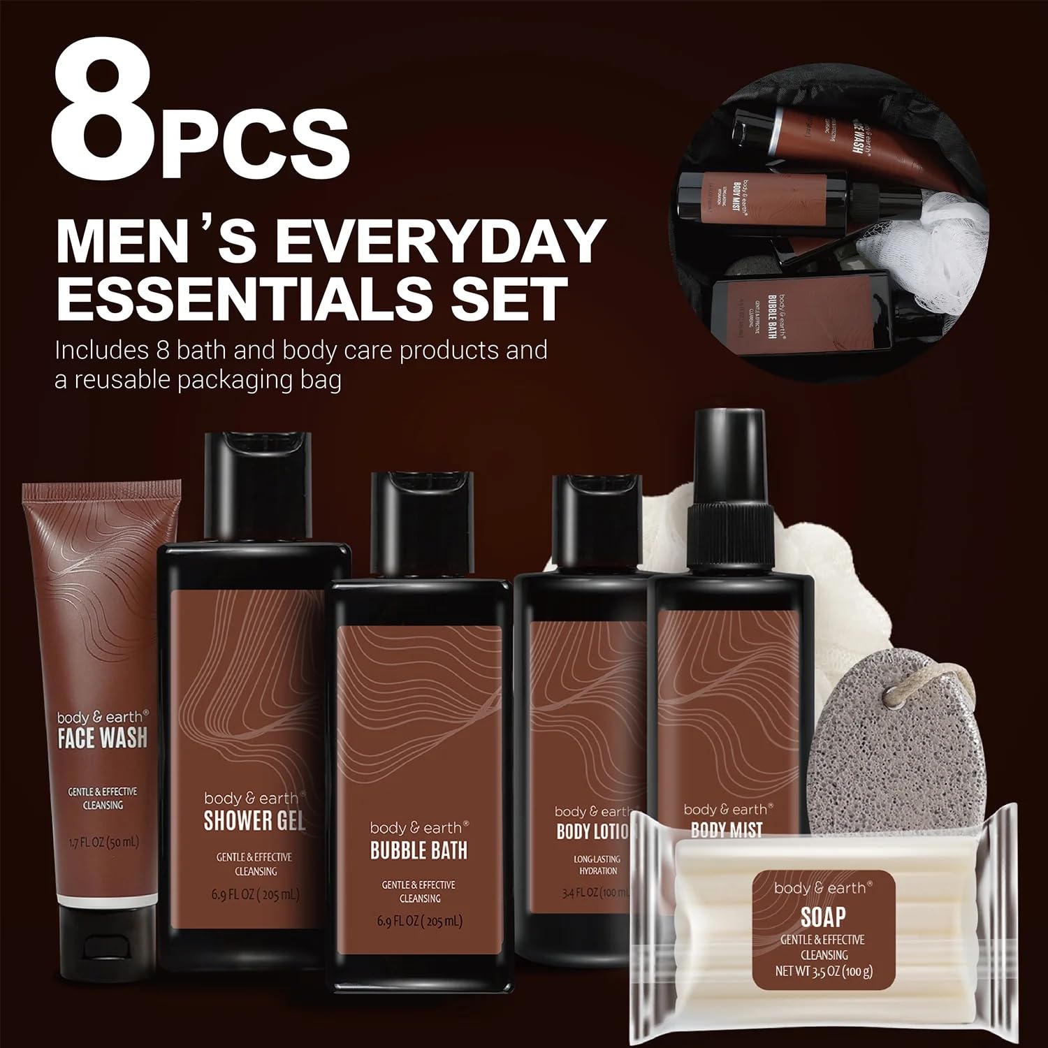 BODY & EARTH Bath Set da Bagno da Uomo 8 Pezzi, Sandalo Set Regalo da Profumato Alla Pelle, Confezione Regalo da Uomo con Sacchetto Per la Conservazione