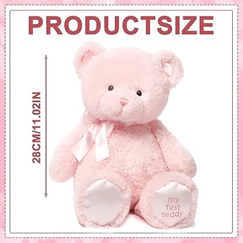 Pink Teddy Bear, Soft Plush Stuffed Animal, Cuddly Companion for Adults, for Birthdays and Holidays, 28 cm Fluffy Teddy