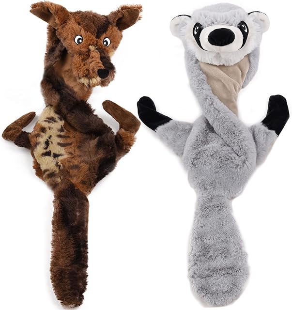 onebarleycorn Squeaky Dog Toys, No Stuffing Dog Toy Indestructible Soft Plush Dog Toys for Small Medium Large Dogs (2 Pack, Wolf Raccoon)