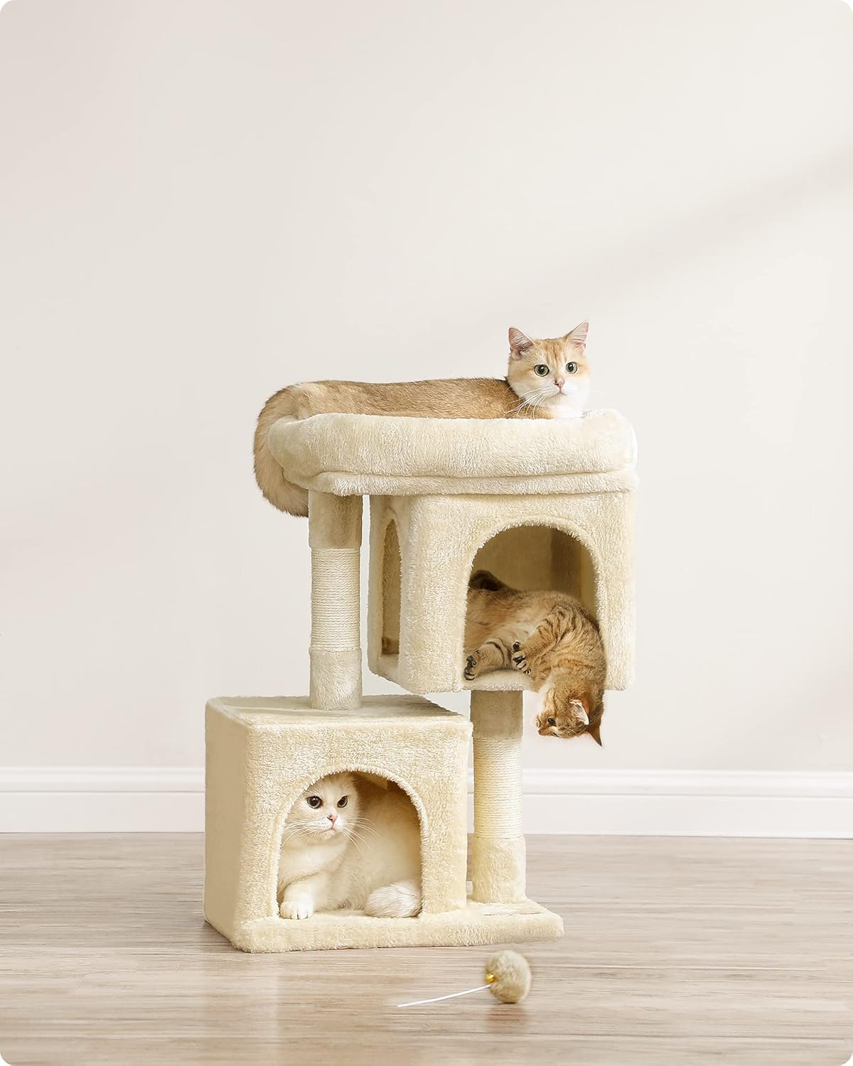 Two cats exploring the Feandrea Cat Tree, one on the top platform and another inside the upper condo.