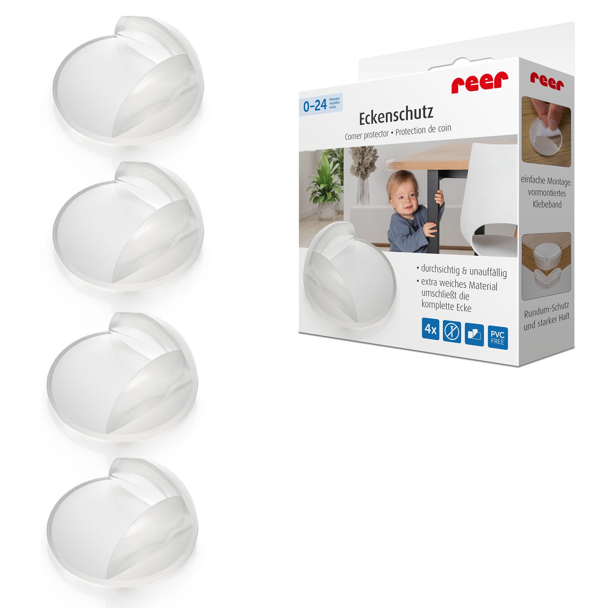 reer Eckenschutz Baby, TPE, PVC-frei, selbstklebend, 4 Stück, Transparent