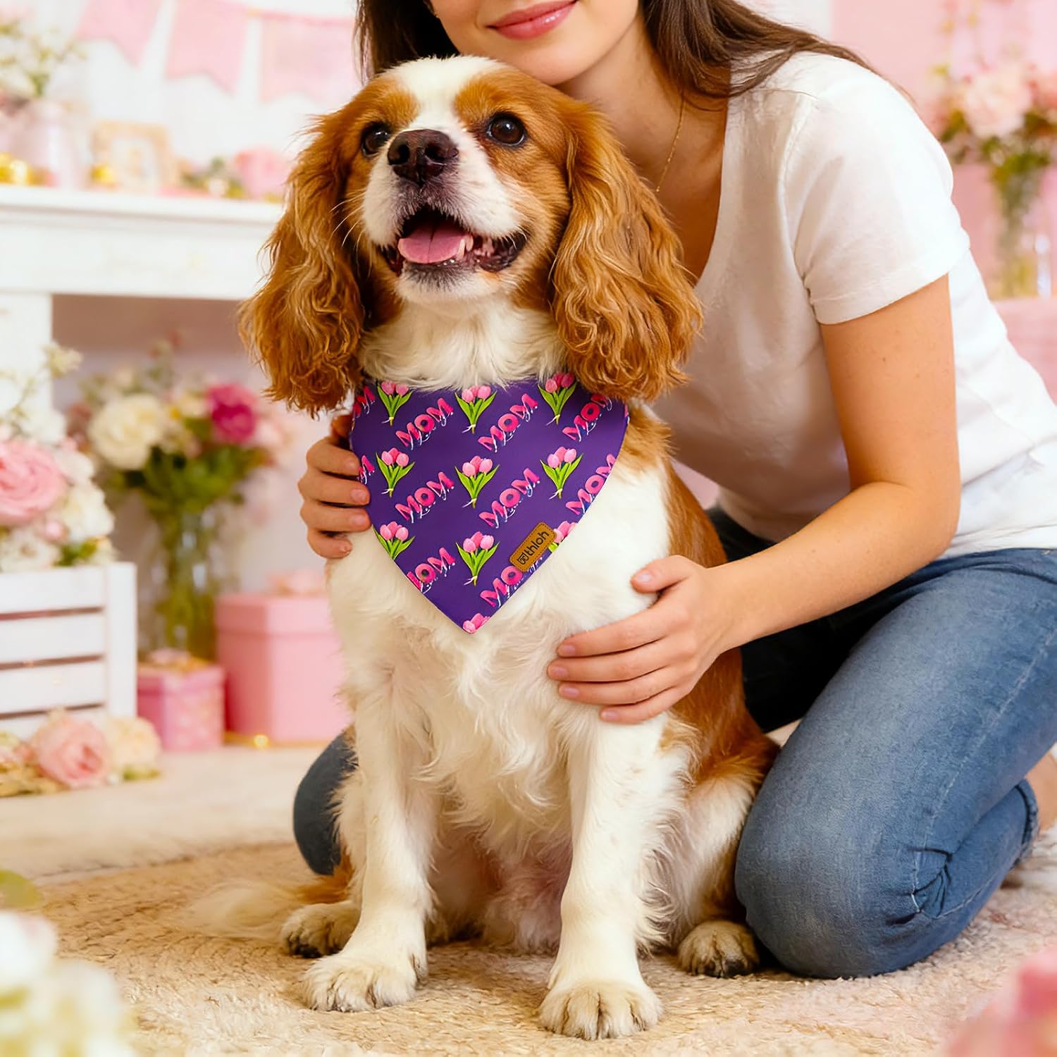 Mothers Day Dog Bandanas with Snap Button, 2 Pack I Love You Mom Dog Scarf for Boy & Girl, Adjustable Fit, Unique Shape, Durable Tulip Bandana for Medium and Large Dogs (Large) image 3