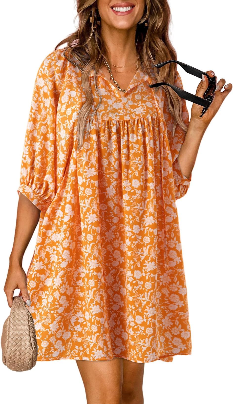 Dokotoo Summer Dresses for Women 2024 Elegant V Neck Drawstring Half Sleeve Boho Floral Printed Sundress Cute Casual Loose Swing A-Line Tunic Short Dress Sun Vacation Dresses Orange Medium