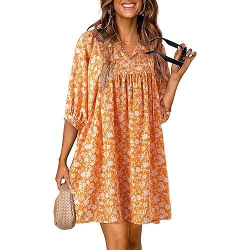Dokotoo Womens Summer Casual Dresses Boho Floral Drawstring V Neck Chiffon Lantern Sleeve Beach Mini Dress Sundress