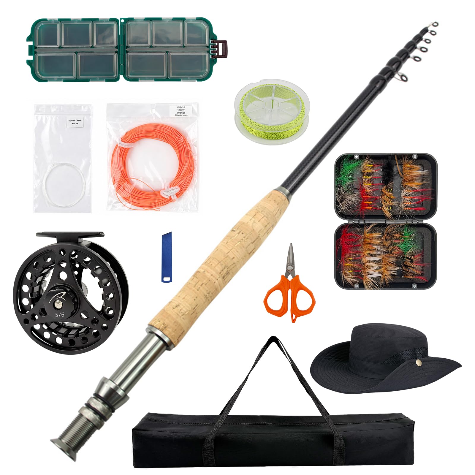 Fly Fishing Rod and Reel Combo 2.7M Fly Ultralight Weight Telescopic Rod with Reel Fly Line Leader Tippet Backing Line,Flying Lure Box,Fishing Nipper,Fishing Scissors,Hat,Fly Fishing Tool Kit