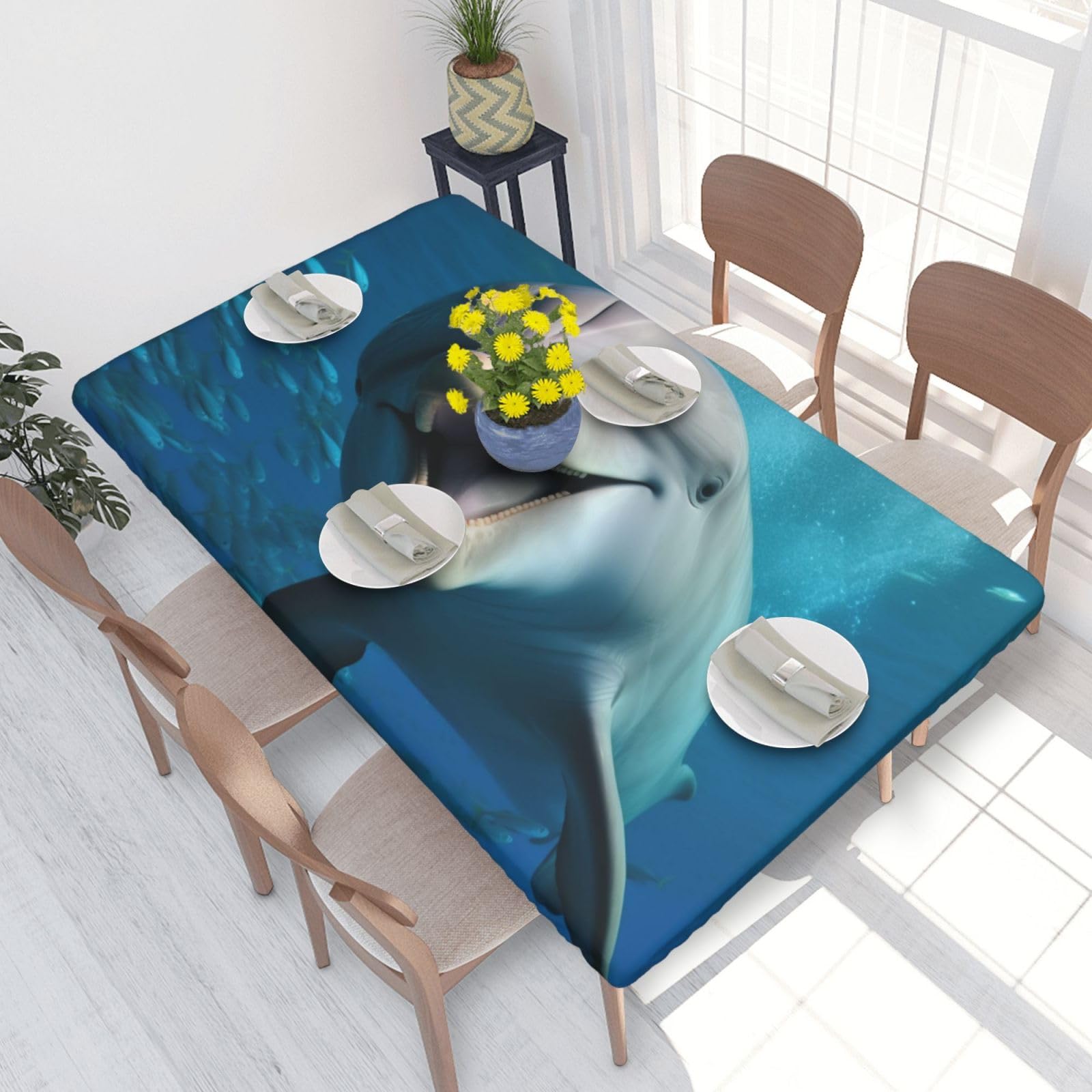 DCARSETCV Happy Dolphin Printed 4FT Waterproof Tablecloth with Elastic Edged Protect & Decor Your Table, Oil-proof Washable Table Cloth Cover for Dinner Picnic Party
