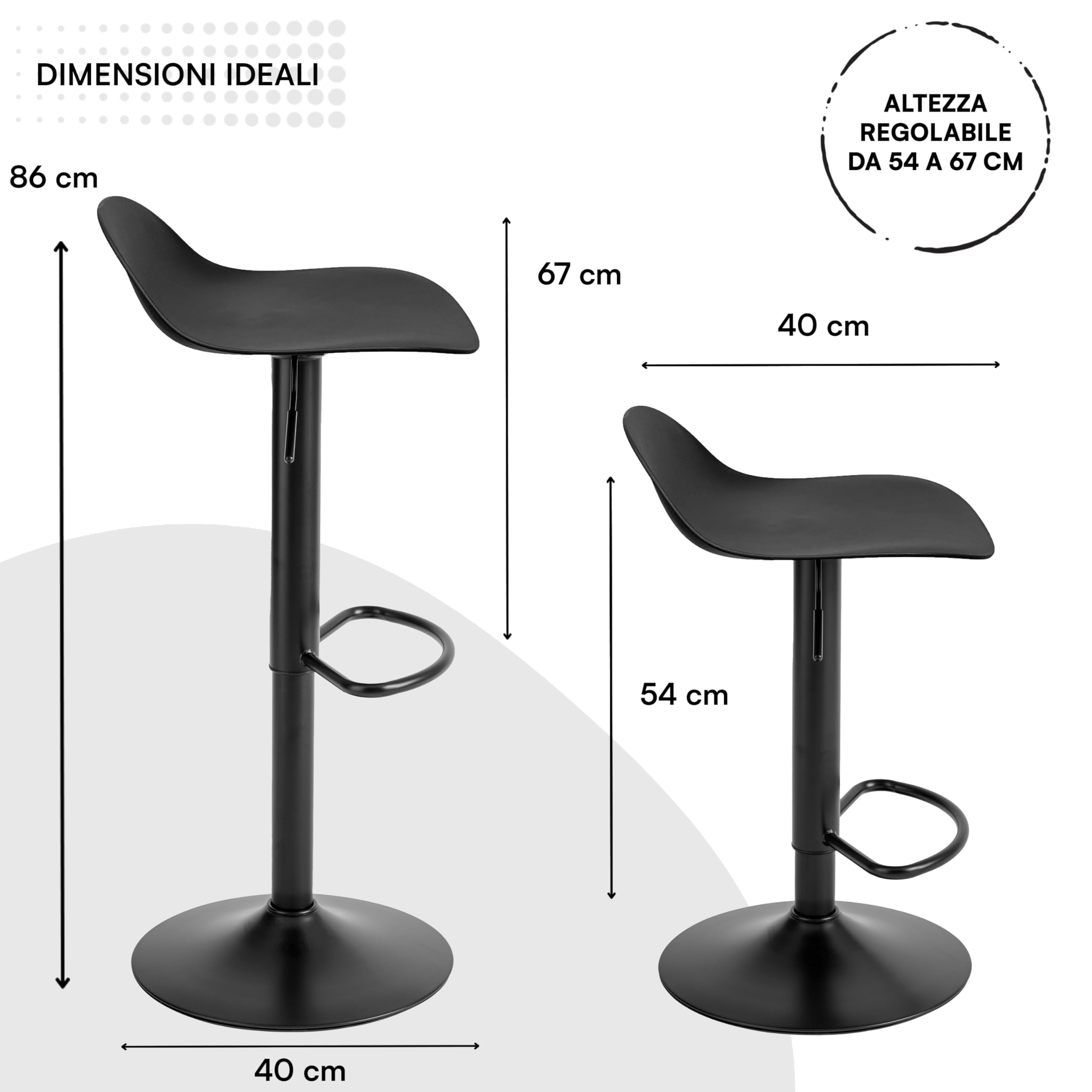 Baroni Home Sgabello Girevole con Altezza Regolabile, Fondo Antigraffio e Poggia Piedi, Per Cucina, Ristorante e Bar, Leggero e Montaggio Facile, 40x40x64-86 cm, 1 Pezzo, Nero