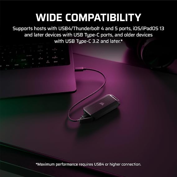 Corsair EX400U SURVIVOR 2TB USB4 Harici SSD - 4000 MB/sn'ye kadar, IP55 Sağlam Sürücü, PC, Mac ve iPad için Tak ve Çalıştır - Siyah