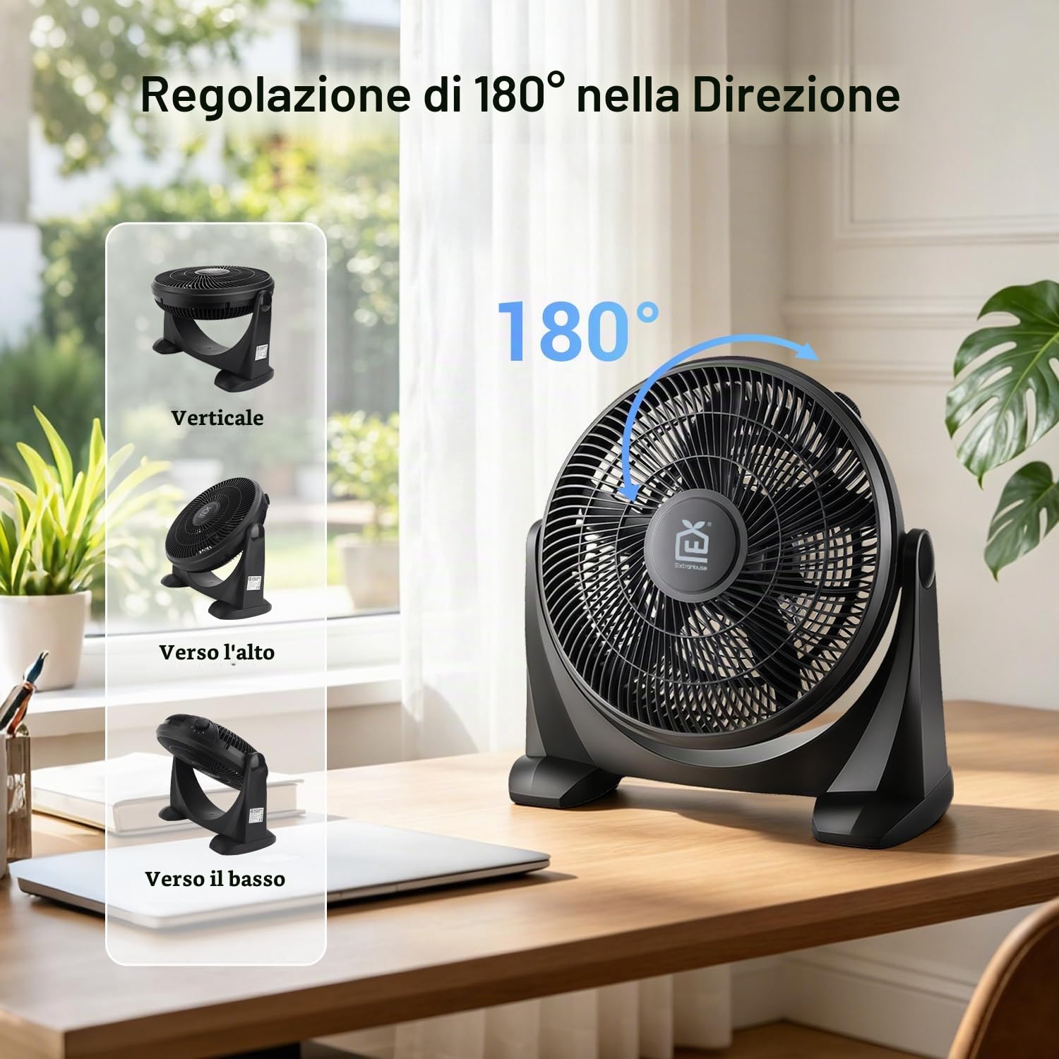 Ventilatore da tavolo silenzioso e potente, 38 cm, 5 pale, 1300 giri/min, 55 W, inclinazione 90° e 3 velocità, raffreddamento ottimale massima sicurezza, griglia di sicurezza, dissipazione termica
