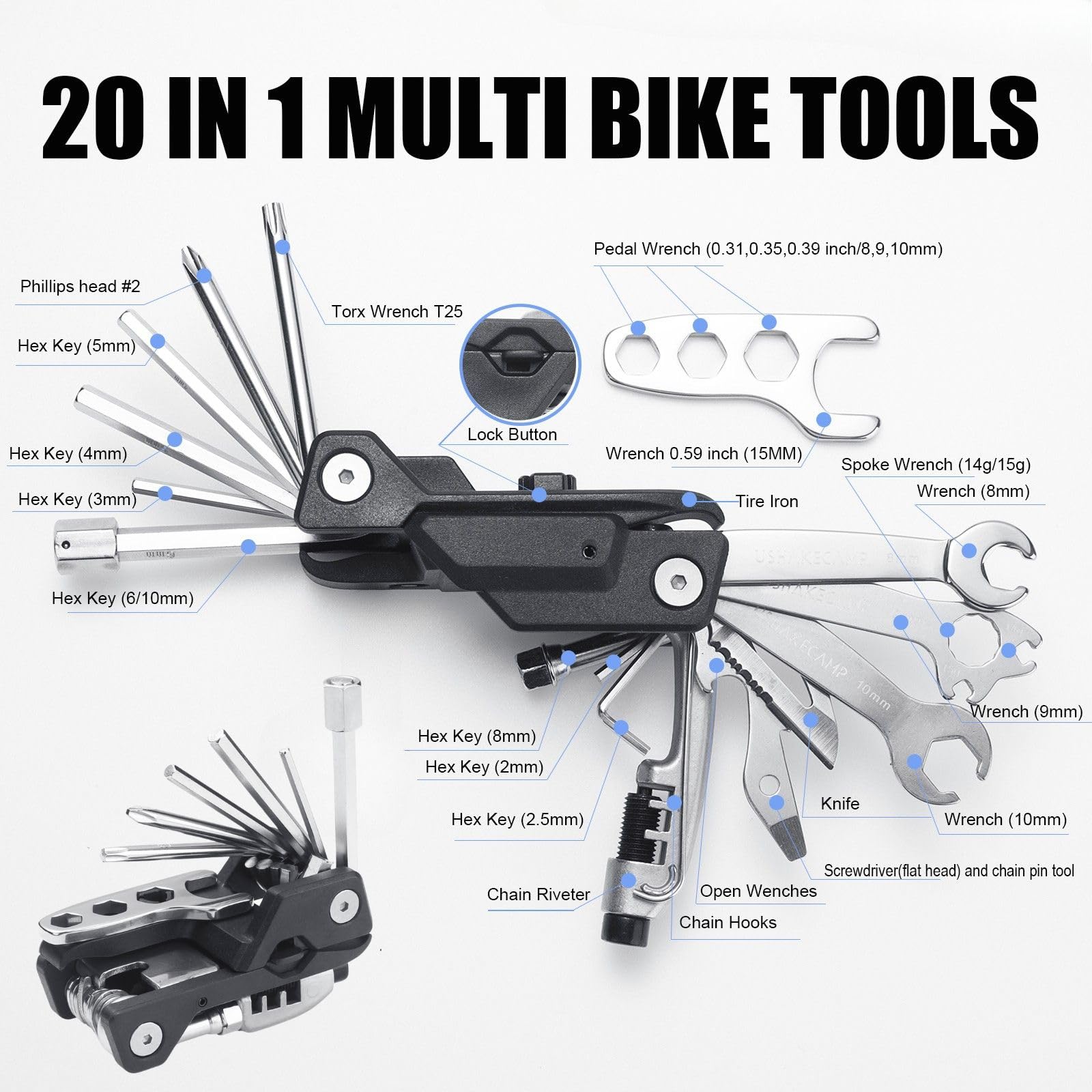 USHAKE Bike Multi Tool 20-in-1 Portable Bicycle Multi-Function Repair Kit with Hex Wrenches, Tire Levers Lightweight for MTB Road Cycling, Carry Case Included