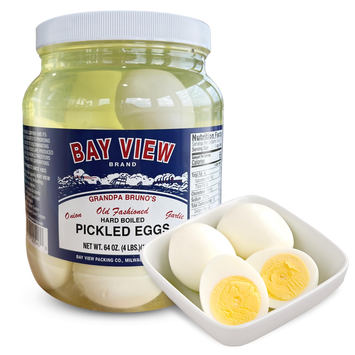 Bay View Pickled Eggs, No Artificial Ingredients, Gluten Free, 0g Sugar, 6g Protein, Fresh Grade A Eggs, Boiled and Peeled (64oz, Garlic and Onion)