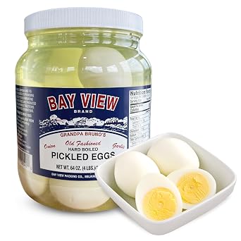 Bay View Pickled Eggs, No Artificial Ingredients, Gluten Free, 0g Sugar, 6g Protein, Fresh Grade A Eggs, Boiled and Peeled 64oz, Garlic and Onion