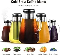 Vista 2 de Cafetera fría de 34 onzas, cafetera preparada con filtro extraíble de doble malla de acero inoxidable 304, recipiente de vidrio sin BPA, cafetera