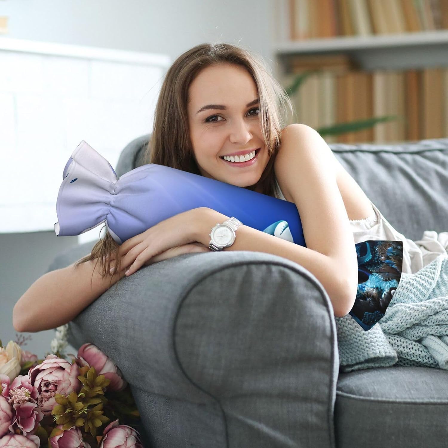 Shark Swimming Under The Sea Print Candy Cylindrical Eco-Friendly Pillow Soft Velvet Living Room Bedroom Travel Decor