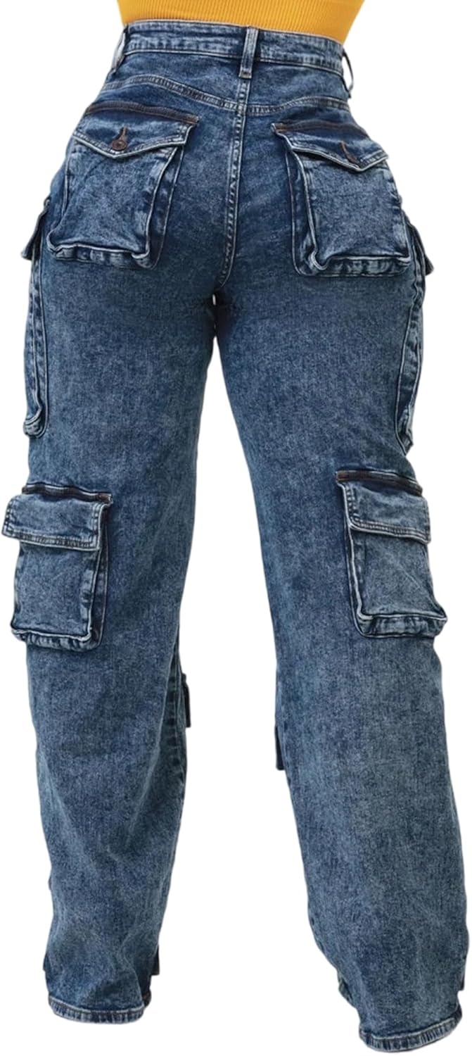 Women's Mid Rise Cargo Jeans Straight Wide Leg Baggy Jean Casual Y2K Streetwear Denim Pants - Image 5